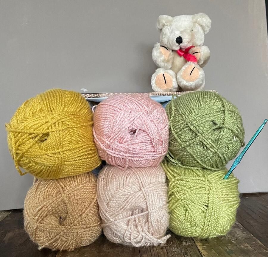 James C. Brett Wendy Wools GAREN WOL SET-BAMBOEMAND 'RAINBOW' MET 6 BOLLEN HAAKNAALD 4 MM EN PLUCHE BEERTJE-KADOTIP!