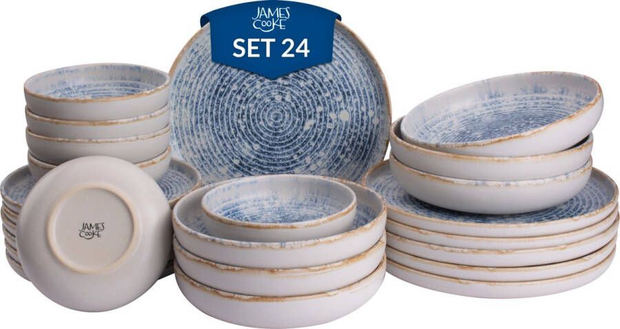 James Cooke Serviesset Azure Vintage Stoneware 6-persoons 24-delig Wit Blauw
