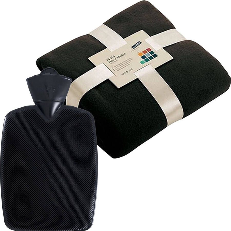 Merkloos Winter voordeel combi Fleece deken zwart met warmwaterkruik goud 2 liter Plaids