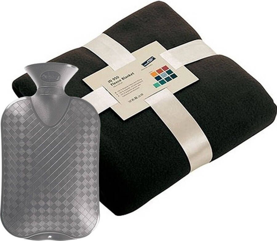 James & Nicholson Fleece deken plaid Zwart 130 x 170 cm en een warmwater kruik 2 liter