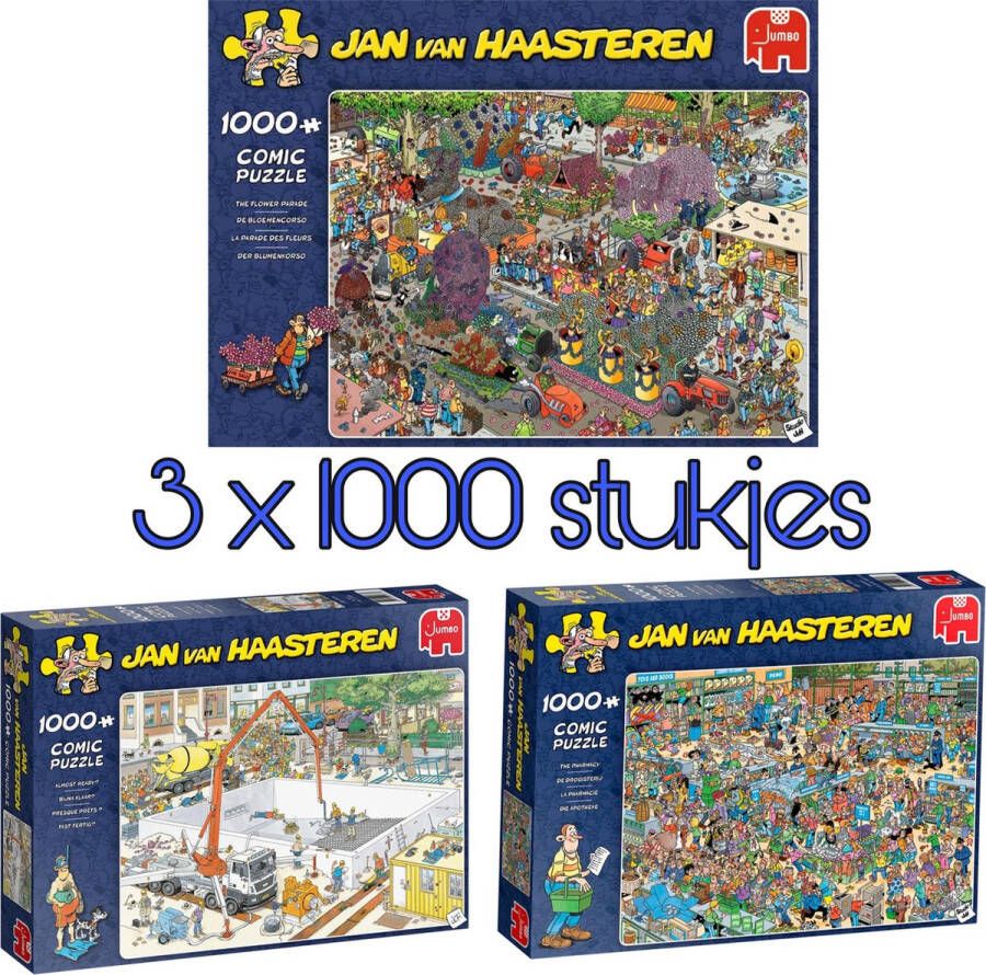 Jan van Haasteren puzzel voordeelset 3x : BLOEMENCORSO 1000 BIJNA KLAAR 1000 DROGISTERIJ 1000