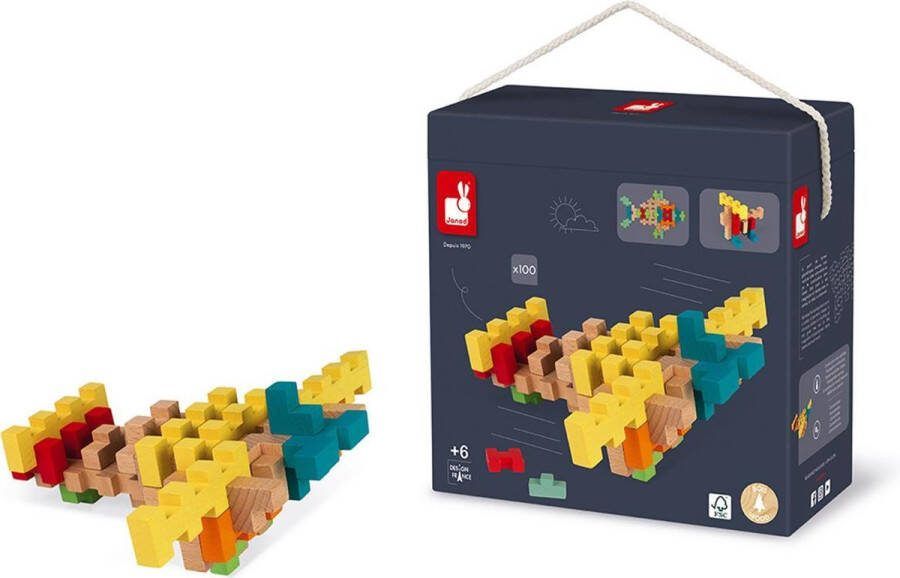 Janod 100-Delige Houten Bouwdoos Met Constructie Blokken Gemaakt Van FSC-Hout Inclusief 8 Dubbelzijdige Sjabloonkaarten Geschikt Vanaf 6 Jaar