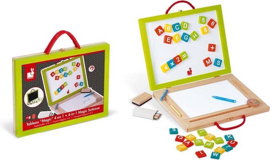 Janod 4-In-1 Magische Koffer Speelkoffer Met Veel Accessoires Compact En Gemakkelijk Mee Te Nemen Bevat 42 Magneten (27 Letters 10 Cijfers En 5 Tekens) Een Doos Krijtjes Een Borstel En Een Stift Geschikt Vanaf 3 Jaar