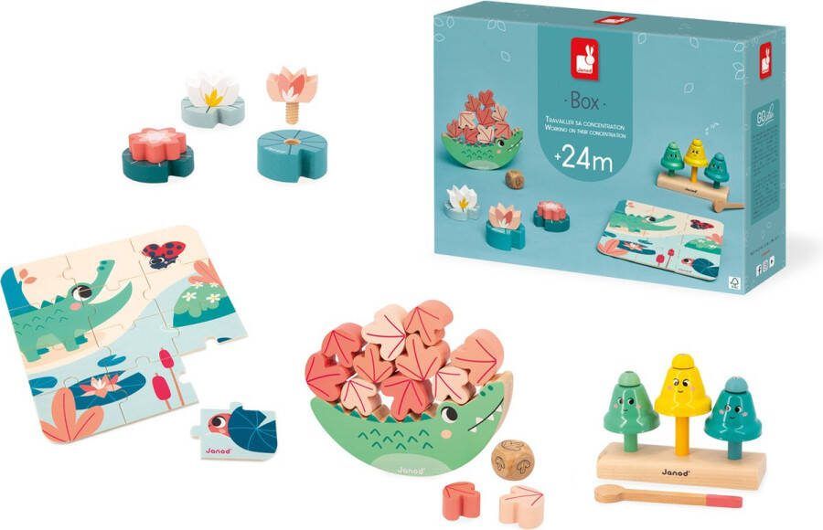 Janod Box 24 Maanden Concentratie Speelset Op Concentratie En Precisie Gerichte Speelgoeddoos Gemaakt In Samenwerking Met Een Psychomotorisch Specialist Geschikt Vanaf 24 Maanden En Bevat 4 Stuks Speelgoed