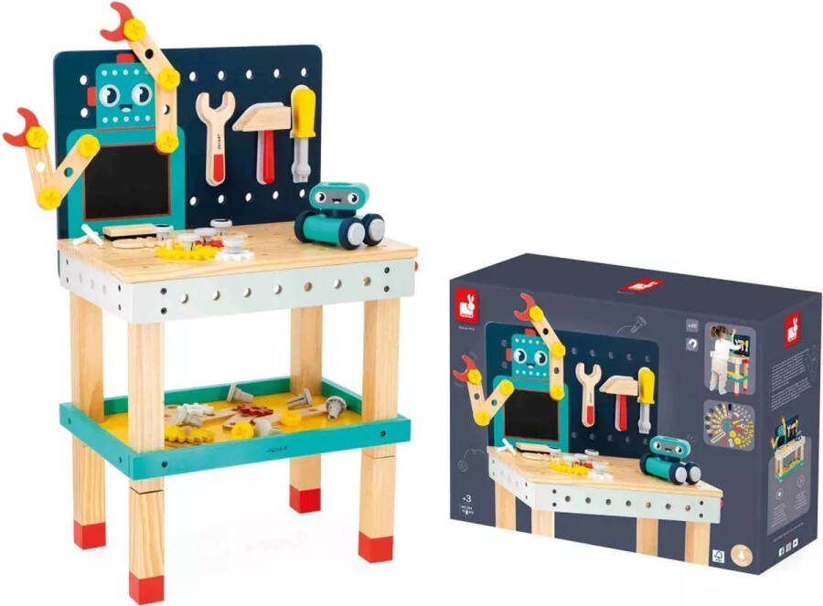 Janod Brico'Kids Grote Robotwerkbank Met 3 Magnetische Houten Gereedschappen En Meer Dan 40 Onderdelen Om In Elkaar Te Zetten In Hoogte Verstelbaar Met Bankschroef En Opbergruimte Geschikt Vanaf 3 Jaar