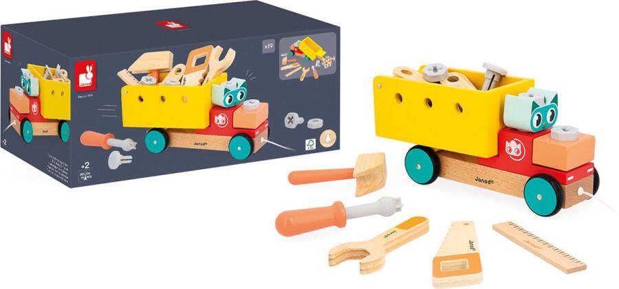 Janod Brico'kids Trekfiguur Vrachtwagen 2 in 1: Doe-Het-Zelf En Trekspeelgoed Maak Een Ritje Met De Truck Compleet Met Al Het Gereedschap! Geschikt Vanaf 2 Jaar