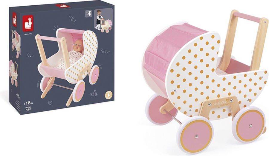 Janod Candy Chic Houten Poppenwagen Voor Poppen Tot 42 Cm Robuuste En Realistische Kinderwagen Geschikt Vanaf 18 Maanden