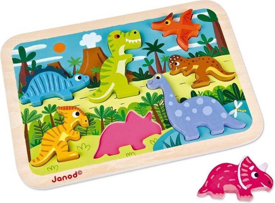 Janod Chunky Puzzel Dinosaurus 7 Dieren Puzzelstukjes In 3D Met Een Dikte Van 1 5 Cm Geschikt Vanaf 18 Maanden