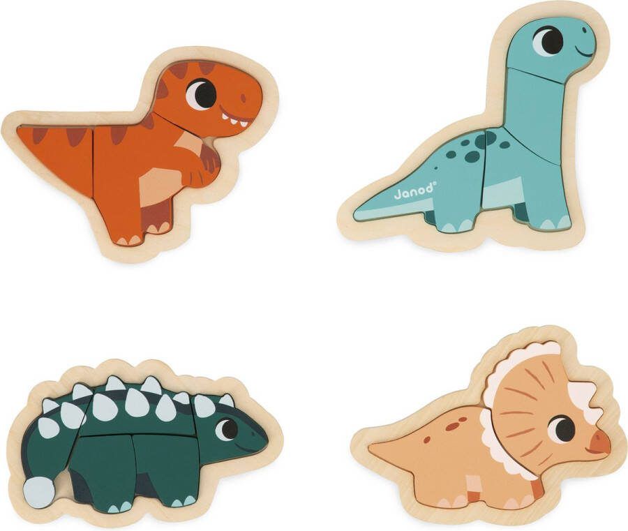 Janod Dino 4 Houten Dino Puzzels Met Een Verschillend Aantal Stukjes: Van 2 Tot 5 Stukjes Geschikt Vanaf 18 Maanden