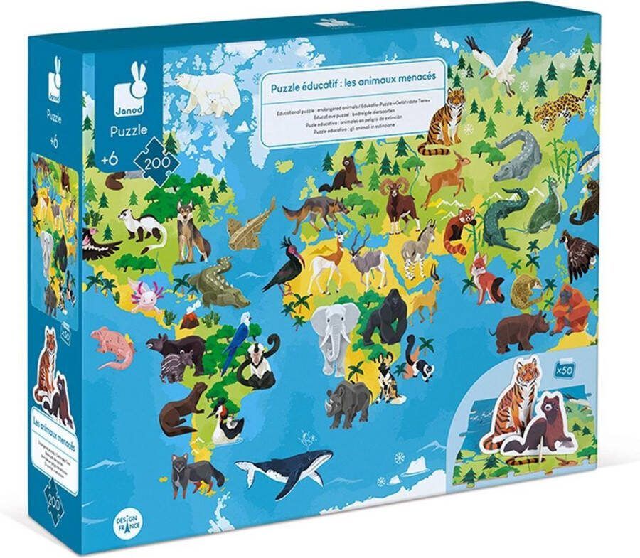 Janod Educatieve Puzzel Bedreigde Diersoorten 200 Stukjes Ontdek Bedreigde Dieren Met Deze Reuzenpuzzel Van Bijna 1 Meter Lang! Geschikt Vanaf 6 Jaar