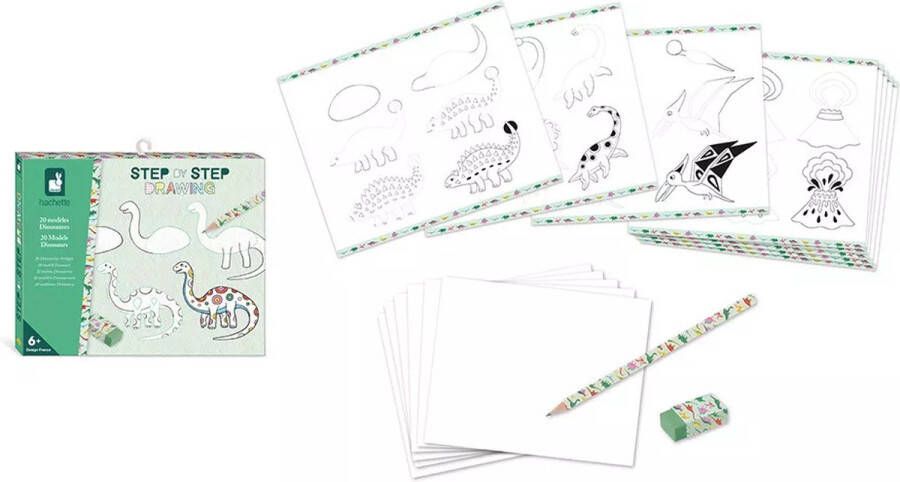 Janod Hachette Step by Step Creatief Dino's Tekenen Met 20 Dino-Modellen Kit Om Dinosaurussen Te Leren Tekenen 20 Modellen En 25 Bladen Om Te Oefenen Geschikt Vanaf 6 Jaar