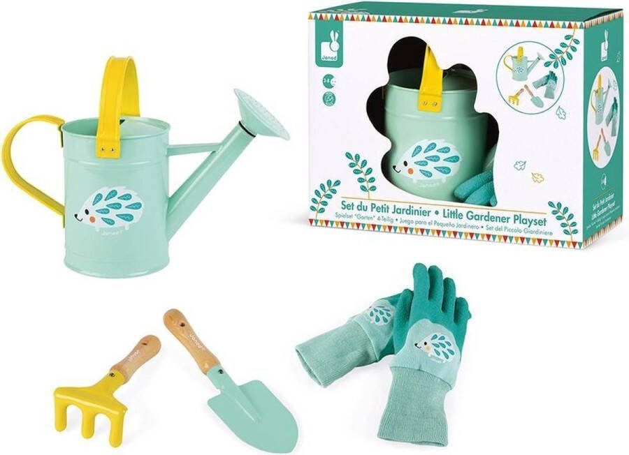 Janod Happy Garden Complete Tuinierset Help Mee In De Tuin Met Deze Tuinierset! De Set Bevat Een Gieter Een Hark Een Schep En Een Paar Handschoenen Geschikt Vanaf 3 Jaar