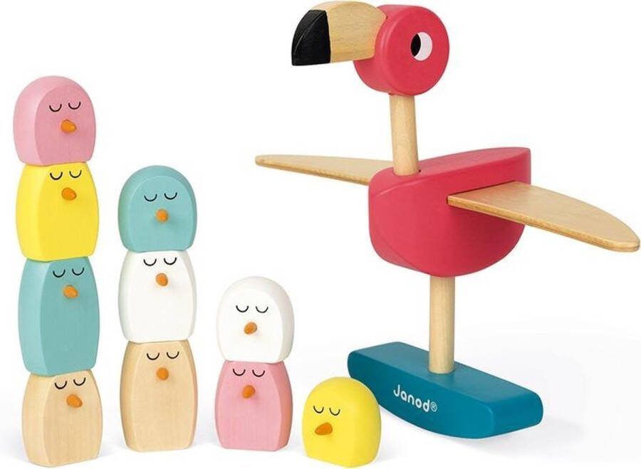 Janod Zigolos Houten Balansspel Flamingo Evenwichts- En Behendigheidsspel De Eerste Die De Flamingo En Zijn Kleintjes Omgooit Heeft Verloren! Geschikt Vanaf 3 Jaar