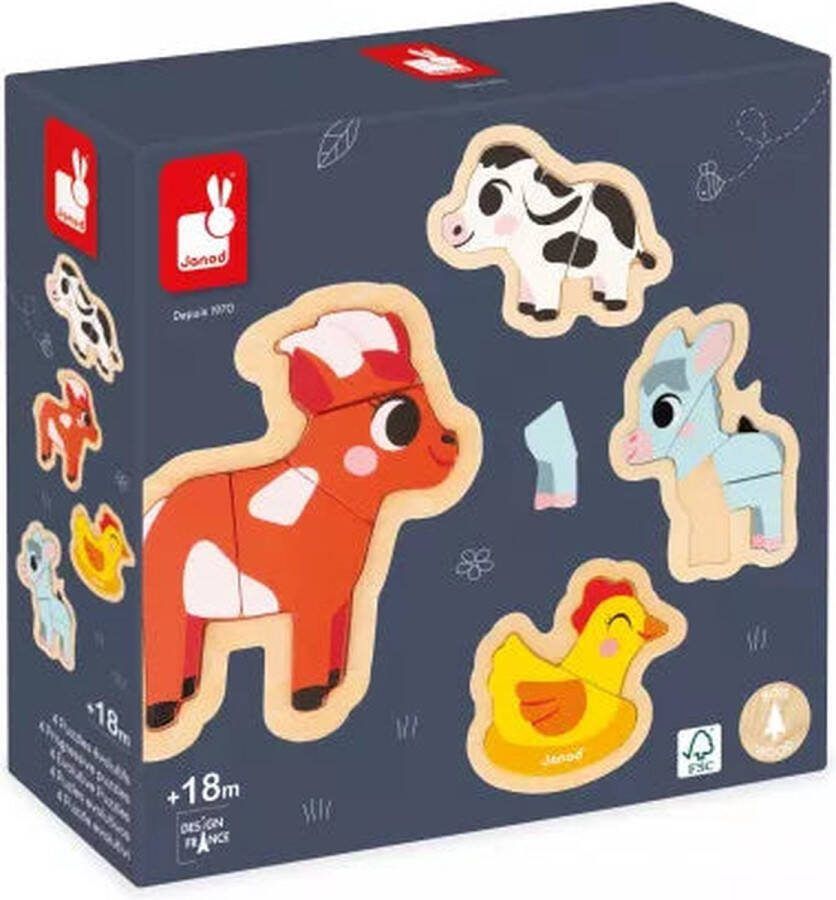 Janod Puzzel Boerderijdieren Houten Puzzelset Met 4 Puzzels Variërend Van 2 Tot 5 Stukjes Perfect Voor Het Ontwikkelen Van De Fijne Motoriek En Coördinatie! Geschikt Vanaf 18 Maanden