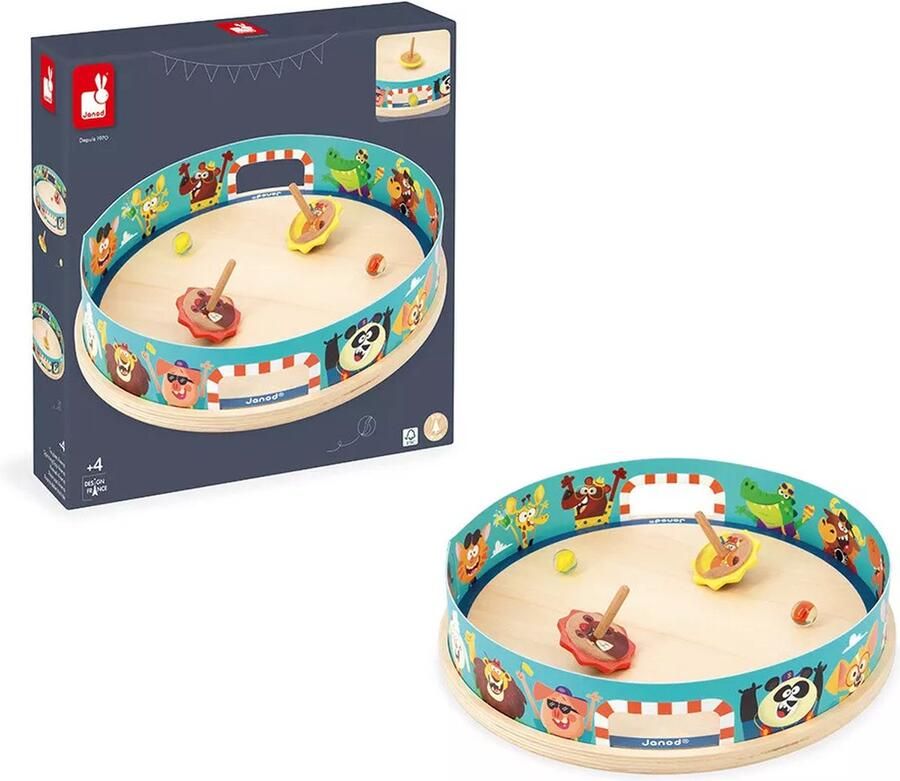 Janod Applepop Arena Met Draaitollen Bevat 1 Geïllustreerde Arena 2 Tollen Met Lanceerinrichting En 2 Glazen Knikkers Geschikt Vanaf 4 Jaar