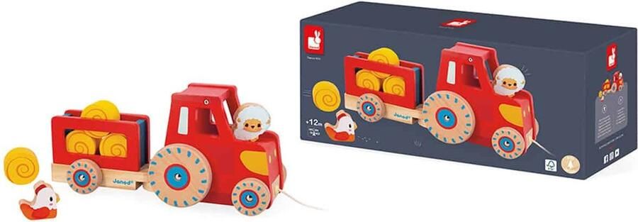 Janod Boerderij Houten Trekfiguur Tractor Deze Leuke Houten Tractor Bestaat Uit Een Afneembare Aanhangwagen 4 Strobalen Een Kip En Een Schaap Geschikt Vanaf 1 Jaar