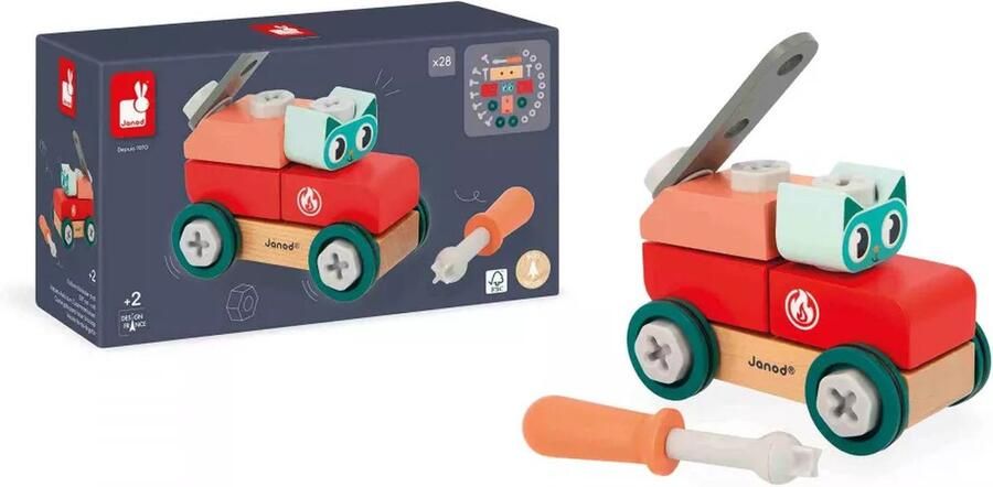 Janod Brico'Kids Doe-Het-Zelf Auto Kat Bevat 10 Houten Stukken En 16 In Elkaar Te Schroeven Elementen Een Schroevendraaier En Model Zijn Ook Inbegrepen Om Te Helpen Bij Het Bouwen Van De Schattige Kattenauto! Geschikt Vanaf 3 Jaar