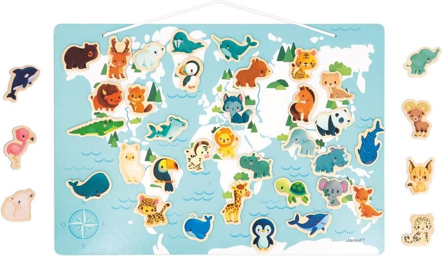 Janod Magneetbord De Wereld Plaats De 40 Dierenmagneten Op De Juiste Plaats Op De Magnetische Wereldkaart Geschikt Vanaf 2 Jaar