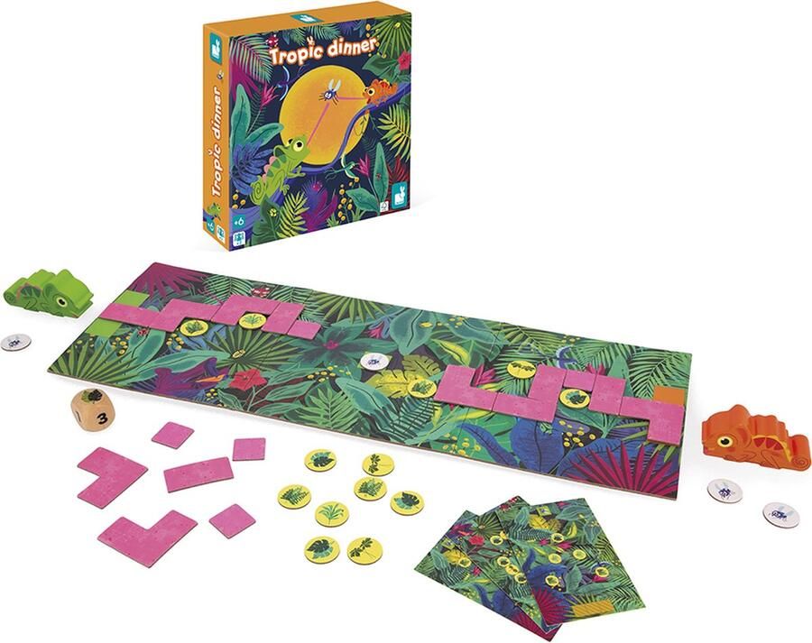 Janod Spel Tropic Dinner Een Leuk Bordspel Waarin twee Kameleons Het Tegen Elkaar Opnemen Om Als Snelste En Slimste Hun Maaltijd Te Vangen! Geschikt Vanaf 6 Jaar