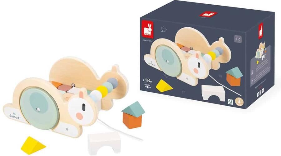 Janod Sweet Cocoon Houten Trekfiguur Slak Met Blokken 2-in-1 Speelgoed: Trekfiguur En Blokken Inclusief 16 Blokken Geschikt Vanaf 18 Maanden