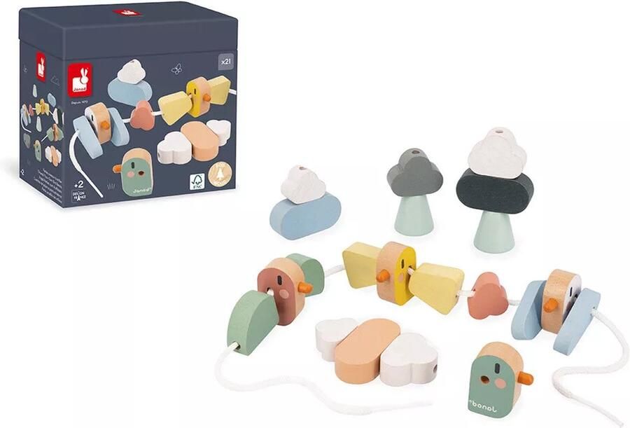 Janod Sweet Cocoon Vogelkralen Set Van 20 Houten Kralen Ontworpen Voor Kleine Handjes Maak Samen Grappige Vogels! Geschikt Vanaf 2 Jaar