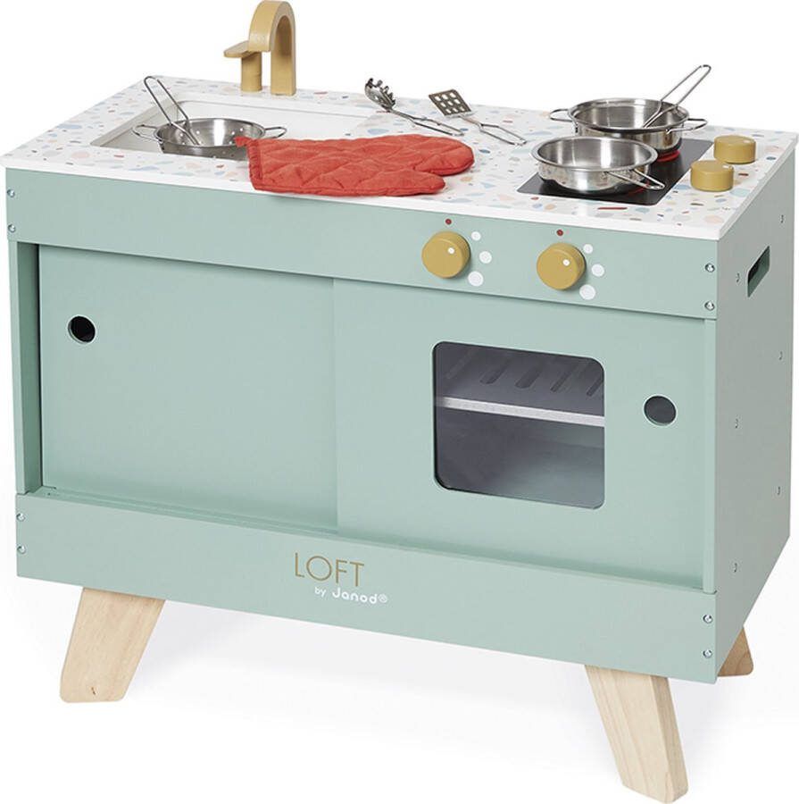 Janod Keuken Loft Houten Speelkeuken Met Terrazzo-Werkblad Inclusief 7 Metalen Accessoires En Ovenwant Hoogte Van Het Werkblad: 50.3 Cm Geschikt Vanaf 3 Jaar