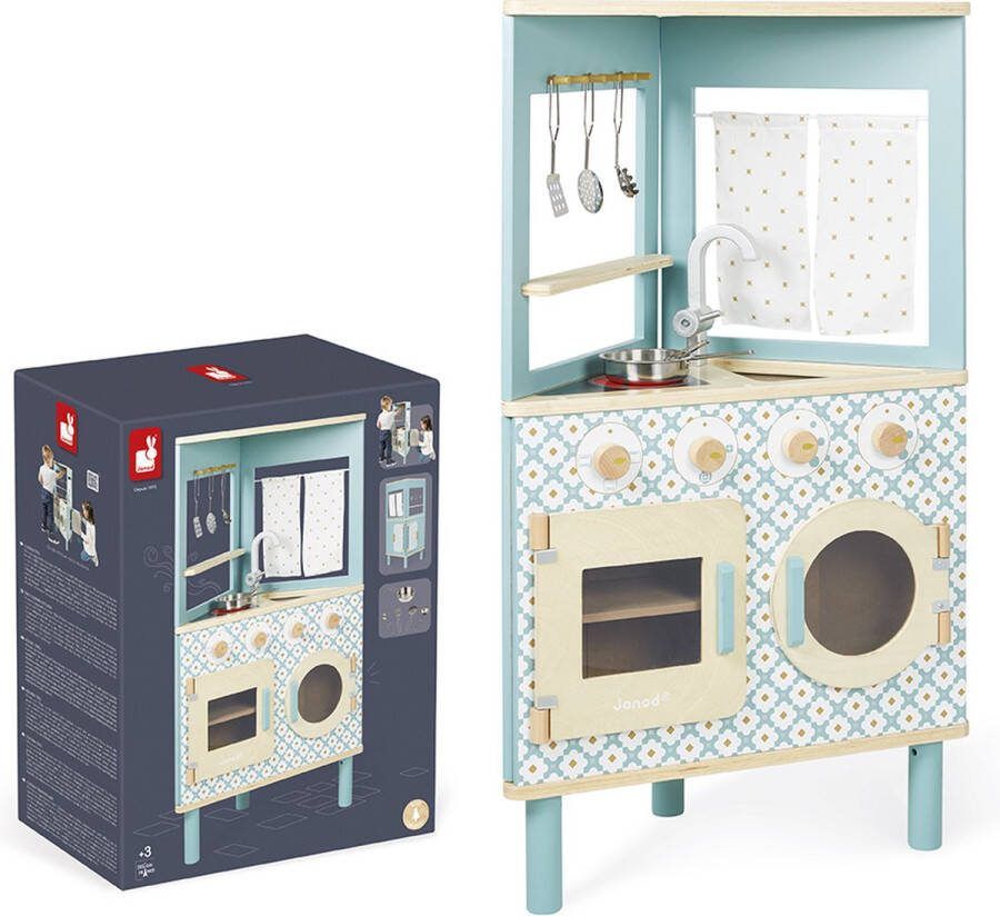 Janod Keuken Trio Houten Speelgoedkeuken Met 3 Kanten Waaraan Je Kunt Spelen! Inclusief 5 Accessoires Hoogte Van Werkblad 51.3 Cm Geschikt Vanaf 3 Jaar