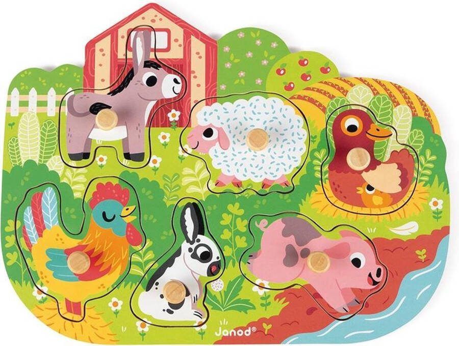 Janod Knoppuzzel Vrolijke Boerderij Houten Puzzel Met 6 Stukjes De Houten Pinnen Op Elk Stuk Maken Het Makkelijk Om Deze Vast Te Pakken Geschikt Vanaf 18 Maanden