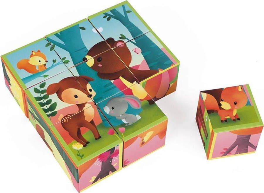 Janod Kubkid Bosdieren 9 Geïllustreerde Blokken Met Bosdieren 2-In-1 Spel: Een Bouwspel En Puzzel Geschikt Vanaf 2 Jaar
