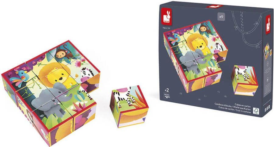 Janod Kubkid Jungledieren 9 Geïllustreerde Blokken Met Jungledieren 2-In-1 Spel: Een Bouwspel En Puzzel Geschikt Vanaf 2 Jaar