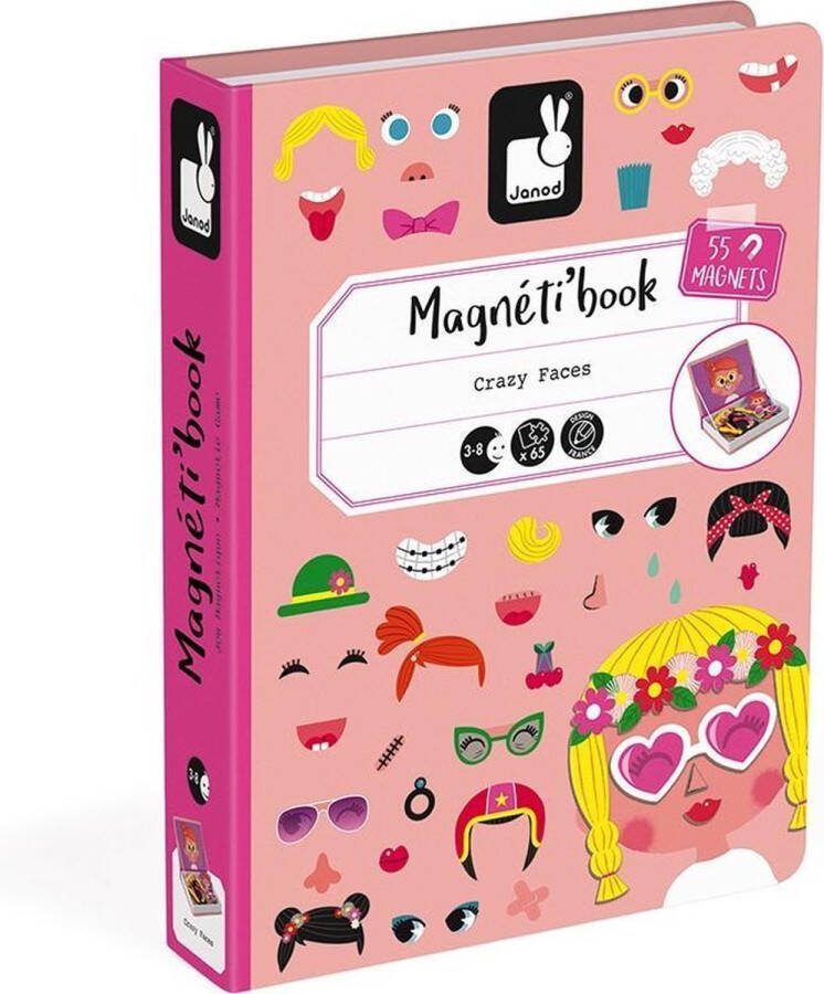 Janod Magnetibook Gekke Gezichten Meisjes Magneetboek Speelset Inclusief 55 Magneten En 10 Voorbeeldkaarten Geschikt vanaf 3 Jaar