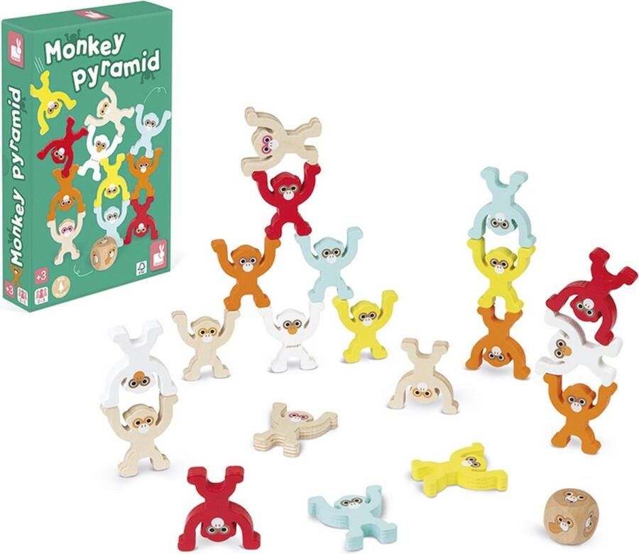 Janod Monkey Piramidespel Behendigheidsspel Het Spel Bevat 20 Kleurrijke Houten Aapjes En 1 Houten Dobbelsteen Geschikt Vanaf 3 Jaar