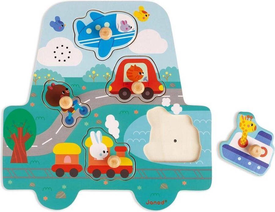 Janod Muziekpuzzel Kleine Racers Houten Puzzel Met 5 Stukjes Elk Puzzelstukje Maakt Een Eigen Voertuiggeluid Geschikt Vanaf 18 Maanden