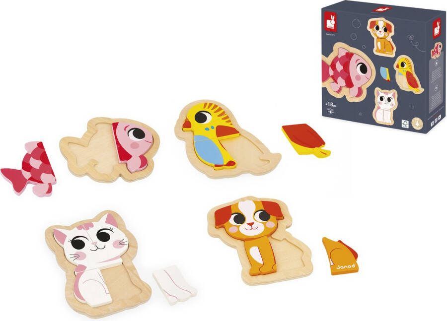 Janod Puzzel Huisdieren Houten Puzzelset Met 4 Puzzels Variërend Van 2 Tot 5 Stukjes Perfect Voor Het Ontwikkelen Van De Fijne Motoriek En Coördinatie! Geschikt Vanaf 18 Maanden
