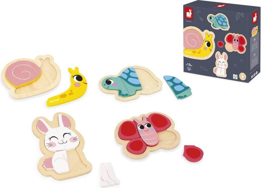 Janod Puzzel Tuin Houten Puzzelset Met 4 Puzzels Variërend Van 2 Tot 5 Stukjes Perfect Voor Het Ontwikkelen Van De Fijne Motoriek En Coördinatie! Geschikt Vanaf 18 Maanden