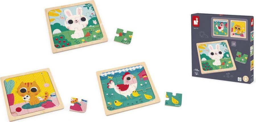 Janod Puzzelset Met Houten Puzzels In Dierenthema 3 Puzzels Met 9 Stukken Geschikt Vanaf 18 Maanden