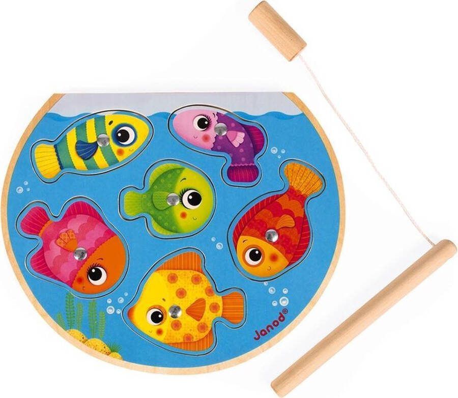 Janod Puzzelspel Snelle Vissen Houten 2-In-1 Puzzel Bestaande Uit 6 Vissen En Een Magnetische Hengel Om Een Visspel Te Spelen Geschikt Vanaf 18 Maanden