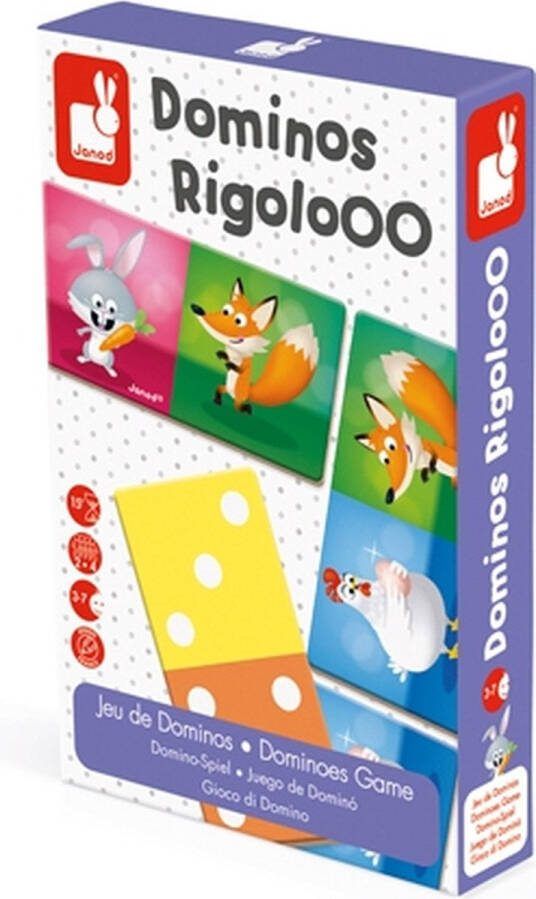 Janod Spel Domino Rigolooo 28-Delig Kartonnen Dominospel Met Dieren Als Thema Voor 2 Tot 4 Spelers Geschikt Vanaf 3 Jaar