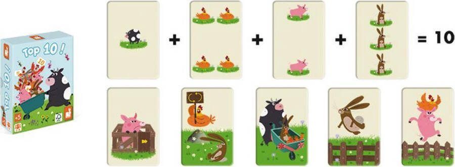 Janod Spel Top 10! Kaartspel Wees De Eerste Die Al Zijn Kaarten Kwijtraakt. Elke Kaart Heeft Een Aantal Dieren Die Je Moet Optellen Om Tot 10 Te Komen. Een Ideaal Kaartspel Om Te Leren Tellen Geschikt Vanaf 5 Jaar