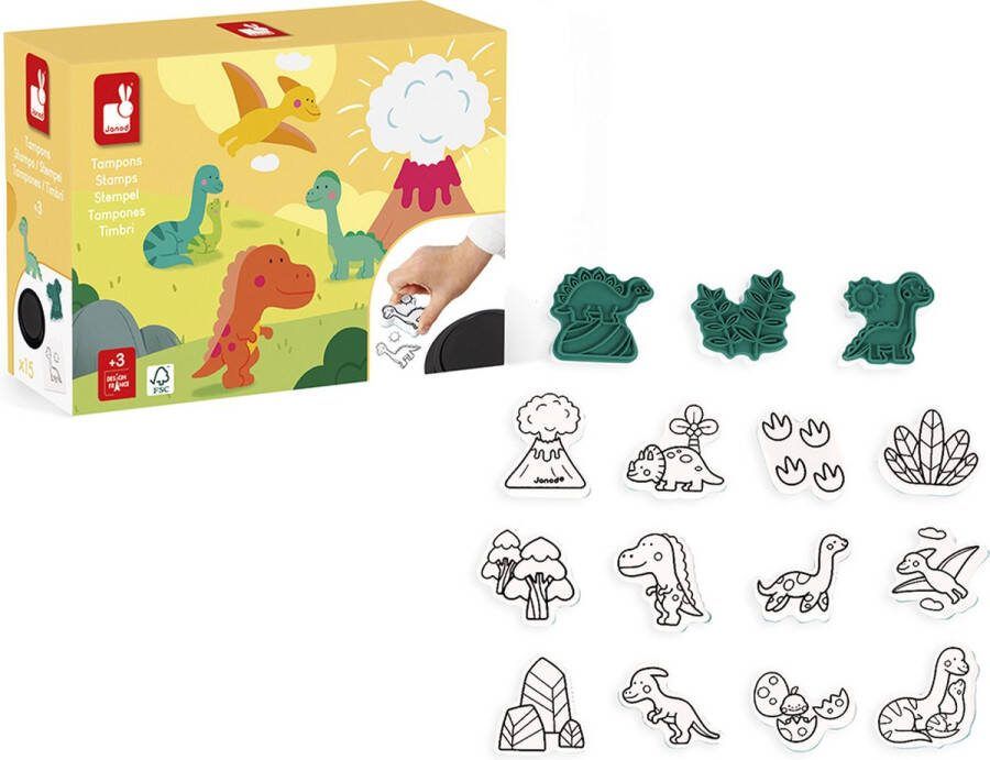 Janod Stampinoo – Stempels Dino 15 Dinosaurus Stempels en 1 Zwart Inktkussen Geschikt Voor Kinderen Vanaf 3 Jaar
