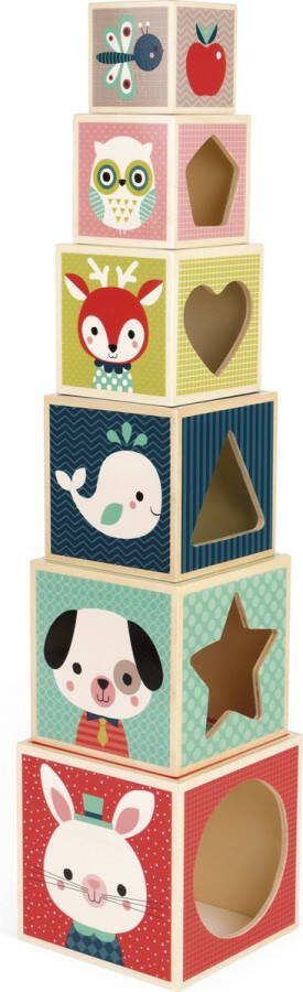 Janod Baby Forest Houten Stapeltoren 6-Blokken Piramide Met Schattige Illustraties Geschikt Vanaf 1 Jaar