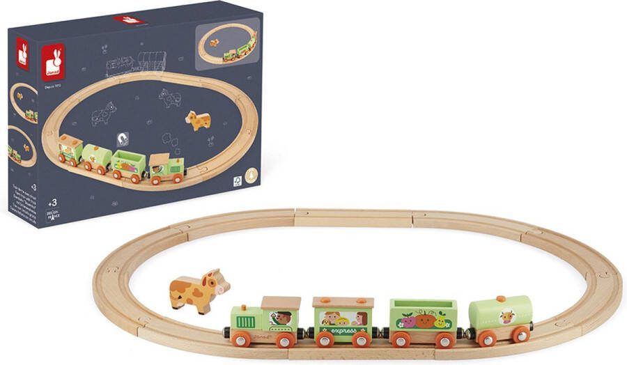 Janod Story – Boerderij Trein Met Rails (15-Delig) De Houten Trein Kan Gevormd Worden Dankzij Een Systeem Van Magneten Op Elk Van De 3 Wagons En Locomotief Geschikt Vanaf 3 Jaar