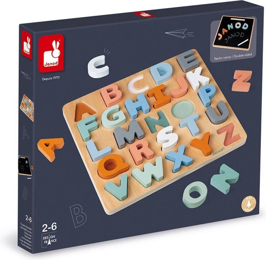 Janod Sweet Cocoon Houten Alfabet Puzzel Met Krijtbord Op De Achterkant Om Het Schrijven Van Letters Te Oefenen! Geschikt Vanaf 2 Jaar