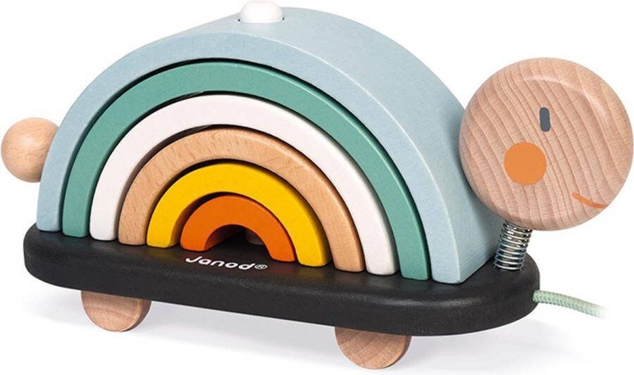 Janod Sweet Cocoon Houten Trekfiguur Regenboog Schildpad 2-in-1 Speelgoed: Trekfiguur en Constructiespeelgoed Geschikt Vanaf 18 Maanden