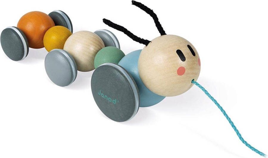 Janod Sweet Cocoon Houten Trekfiguur Rups Met Geruisloze Wielen Geschikt Vanaf 1 Jaar