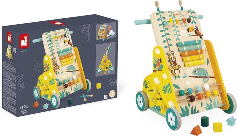 Janod Tropik Baby Loopwagen Houten Looptrainer Met 6 Activiteiten: Telraam Een Vormendoos Een Schattig Glijdend Aapje Een Doolhof Glijdende Kralen En Een Xylofoon! Geschikt Vanaf 1 Jaar