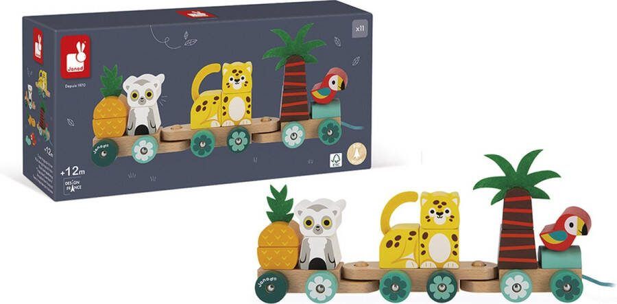 Janod Tropik Trekfiguur Tropen Express Trein Grote Meerkleurige Houten Trein Met Dieren 2-In-1 Speelfiguur: Trekfiguur En Stapelspeelgoed Lengte Van Het Touwtje: 50 Cm Geschikt Vanaf 1 Jaar