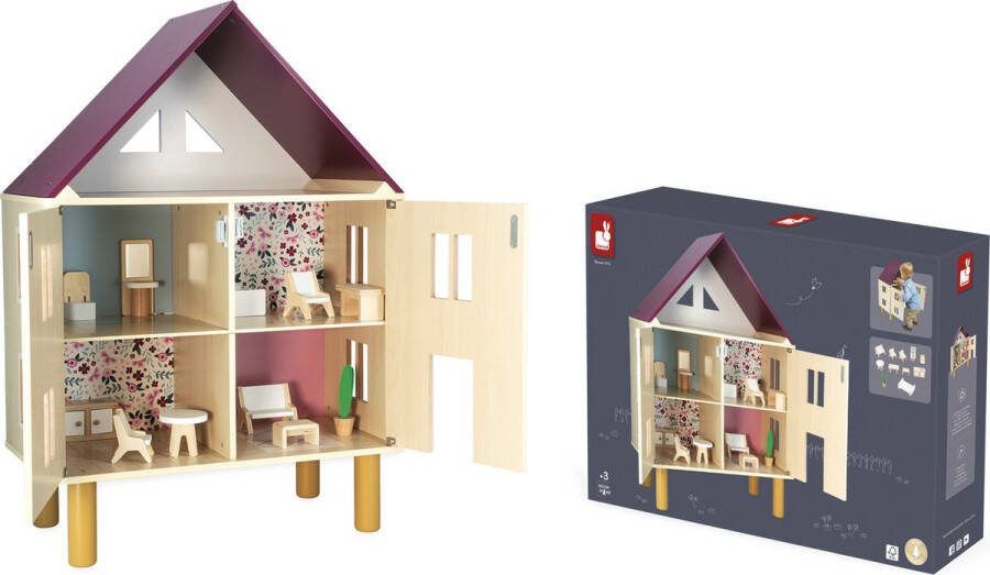 Janod Twist Doll'S House Houten Poppenhuis Met Drie Verdiepingen Geleverd Met 11 Meubels Om Het Huis In Te Richten Geschikt Vanaf 3 Jaar