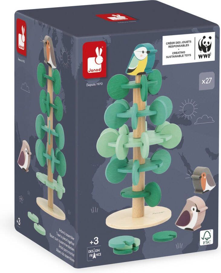 Janod WWF Bouwset Boom Met Vogeltjes Zet De 37 Stukken In Elkaar Om Een 30 Cm Hoge Boom Te Bouwen! Inclusief 3 Prachtige Houten Vogels Geschikt Vanaf 3 Jaar
