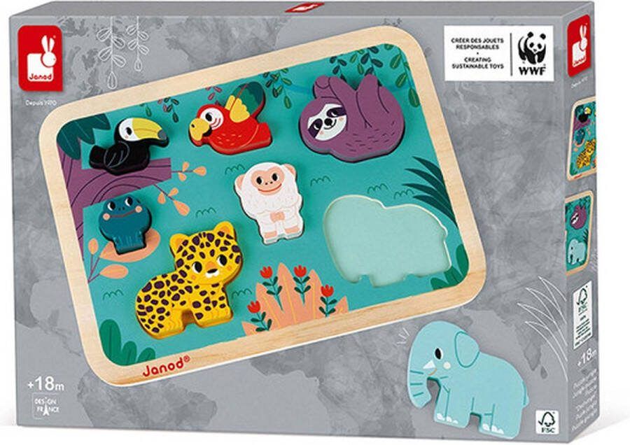 Janod WWF Chunky Puzzel Jungle In samenwerking met WWF De 7 Grote Diervormige Stukjes Moedigen Je Kind Aan Om Leuke Verhalen Te Verzinnen Geschikt Vanaf 18 Maanden